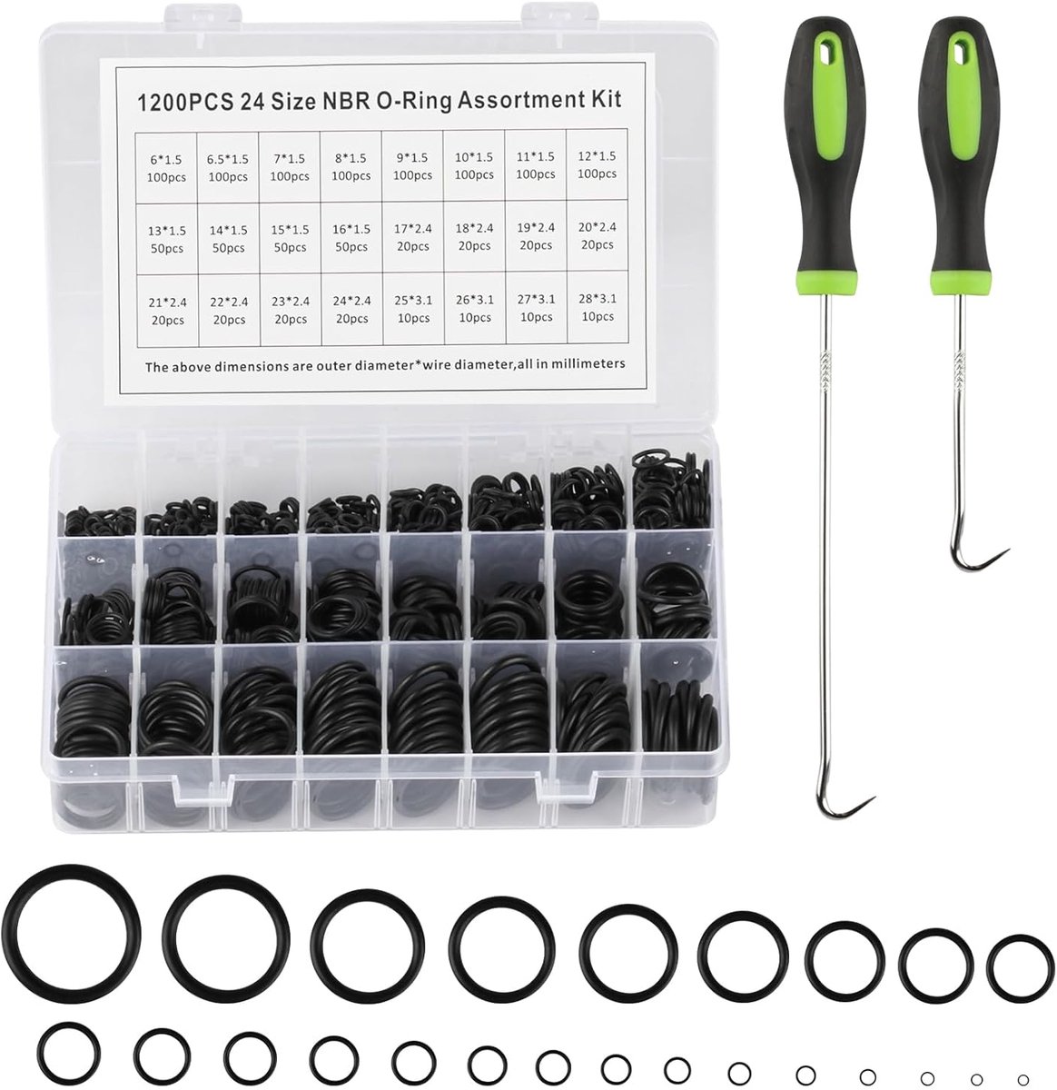 O-ring set 1200 stuks - rubber afdichtringen - hoge temperatuur- en oliebestendig - veelzijdig toepasbaar - ShopVlot