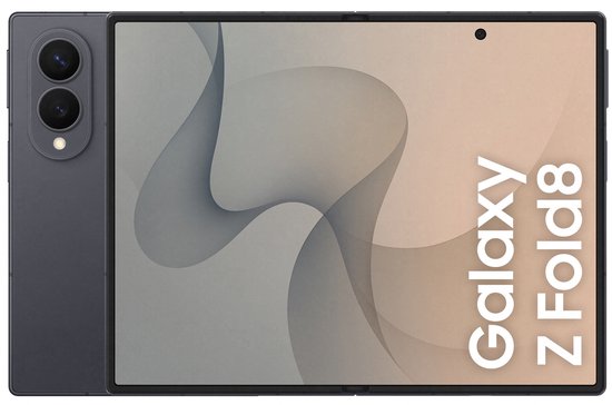 Grijze Samsung Galaxy Z Fold 8, opengevouwen, met camera aan de achterkant en "Galaxy Z Fold 8" op het scherm.