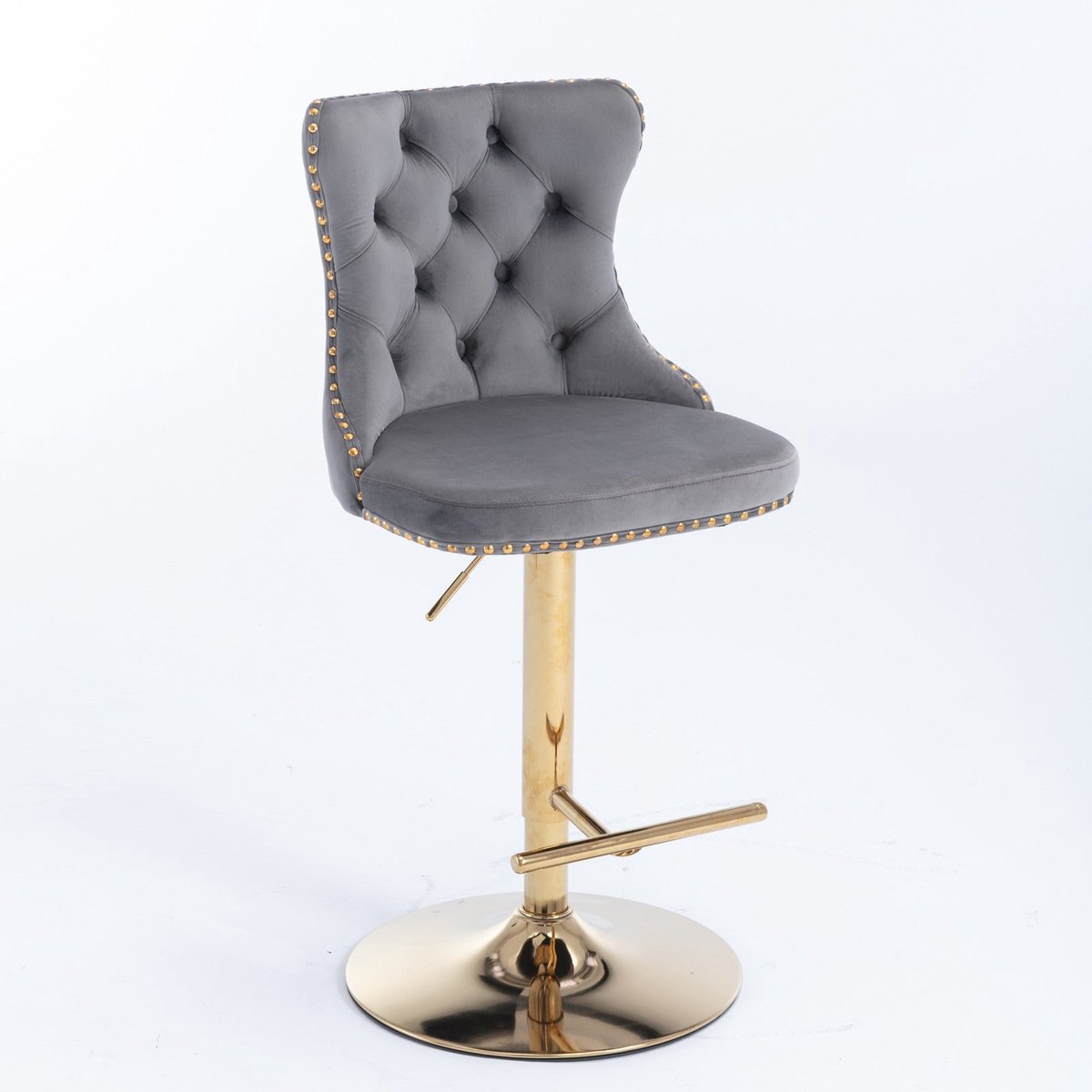 Merax Set Van 2 Grijze Verstelbare Barstoelen – Fluwelen Bekleding – Draaibaar – Gecapitonneerde Rugleuning – Goudkleurig Onderstel Grijs