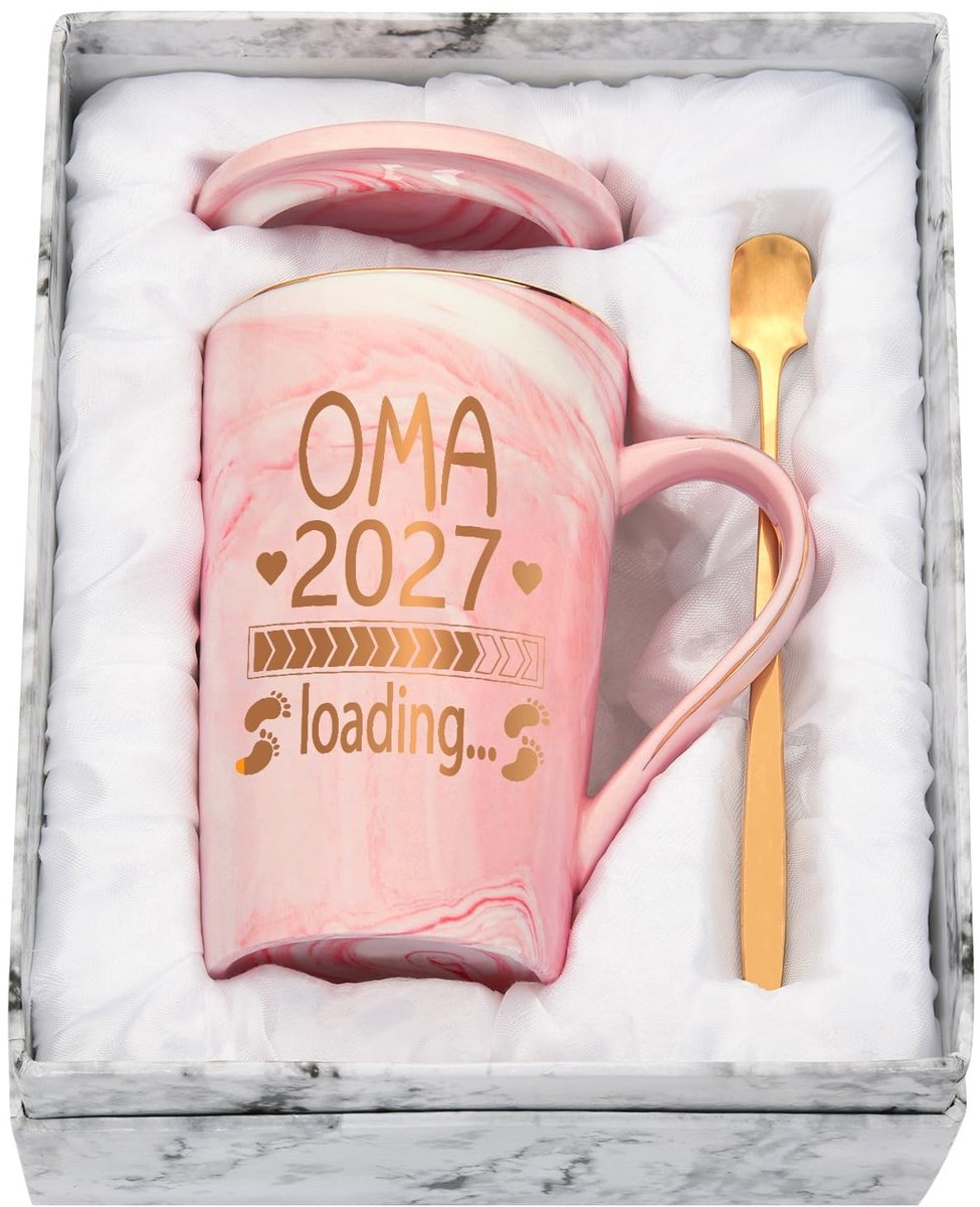 Koffiemok met deksel en lepel - 400 ml keramisch marmer