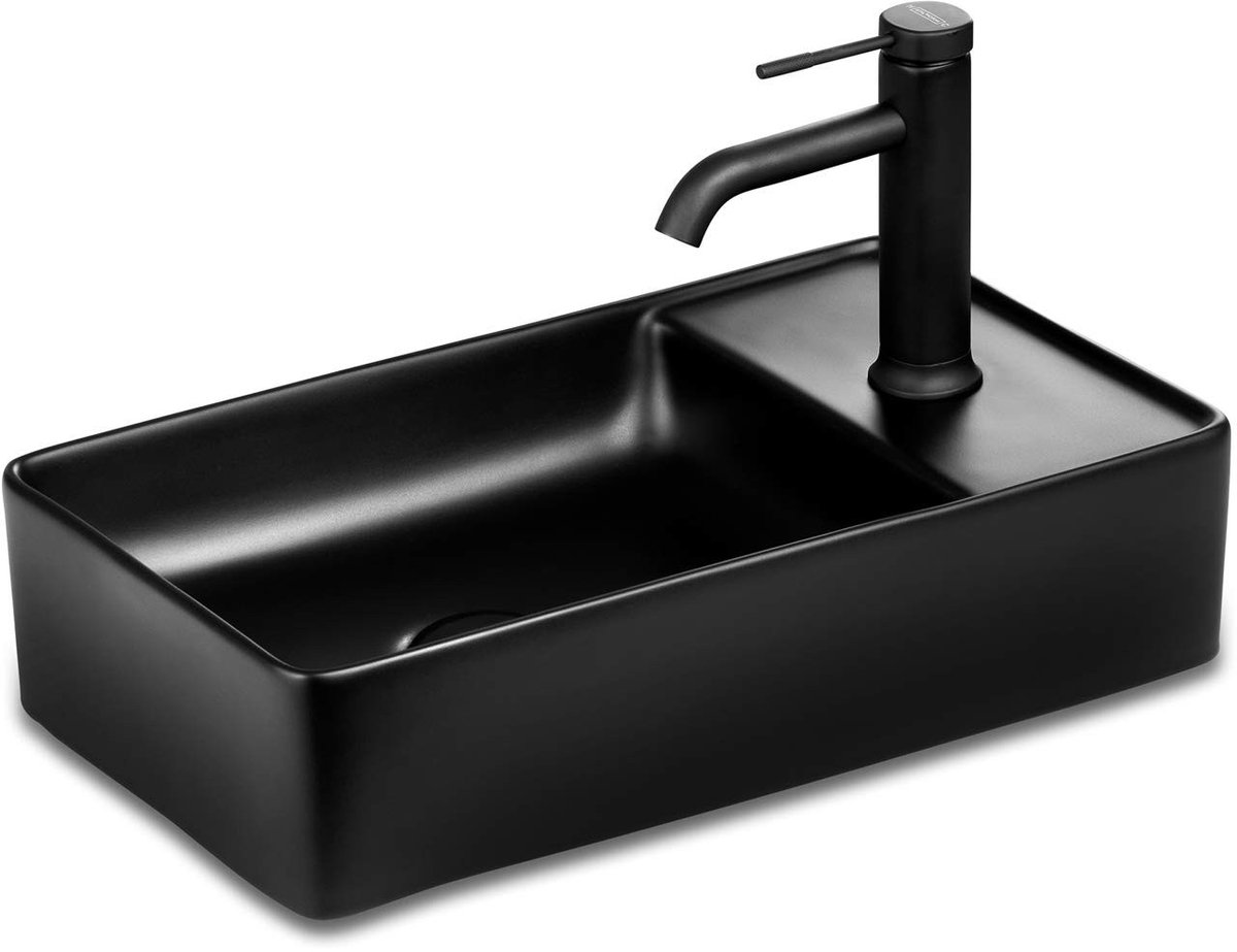 Keramische Wastafel voor Gastentoilet - Wandmontage of Opbouw - Mat Zwart