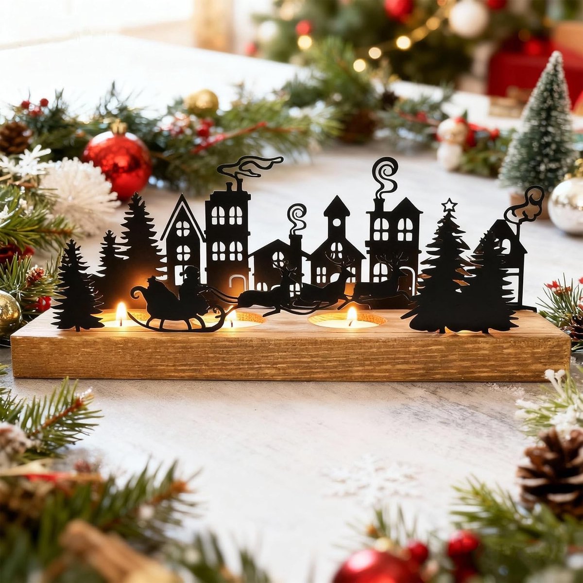 Moderne Adventskrans Kaarsenhouder voor Kerstmis - Oblong Theelichthouder met Houten Basis en Kaarsenplateau voor Sfeervolle Decoratie – foto 8