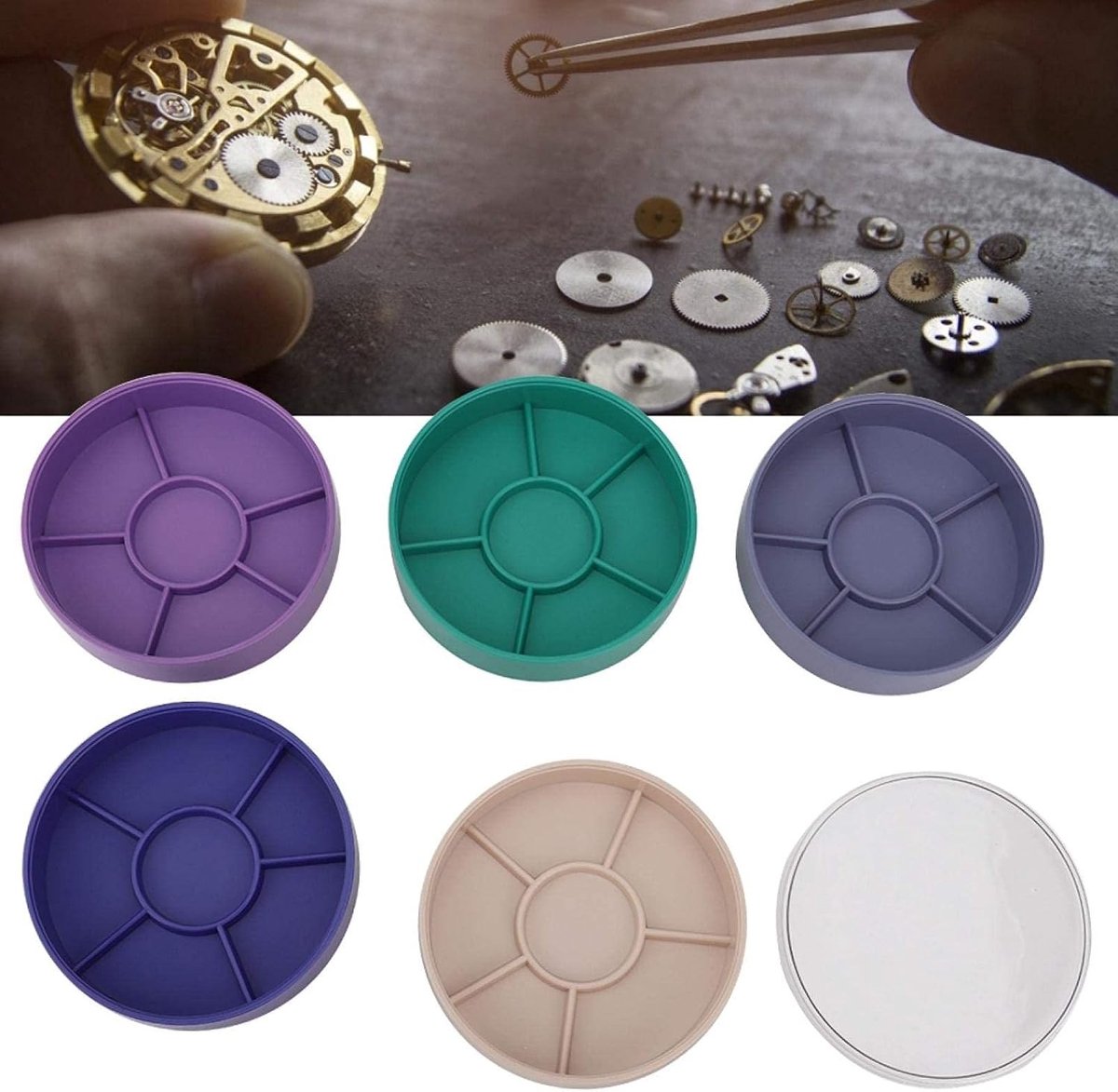 Opslagdoos voor horlogonderdelen, 5-laags organizer voor schroeven en bewegingen met stofkap, ideaal voor sieraden en kralen
