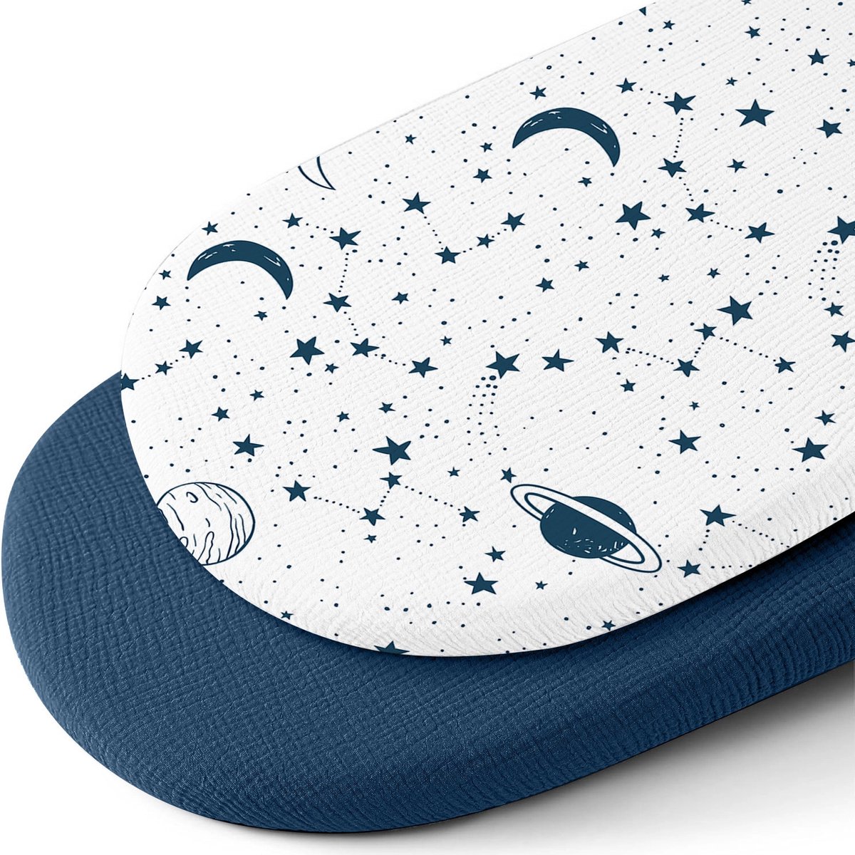 Hoes voor babynest, set van 2 stuks, rekbare omslaghoes van katoen gaas, past voor 82 × 41 cm babynest, alleen hoes, nestvulling niet inbegrepen，Rekbare gaas‑katoen hoes voor babynest，Marineblauw + Planeet