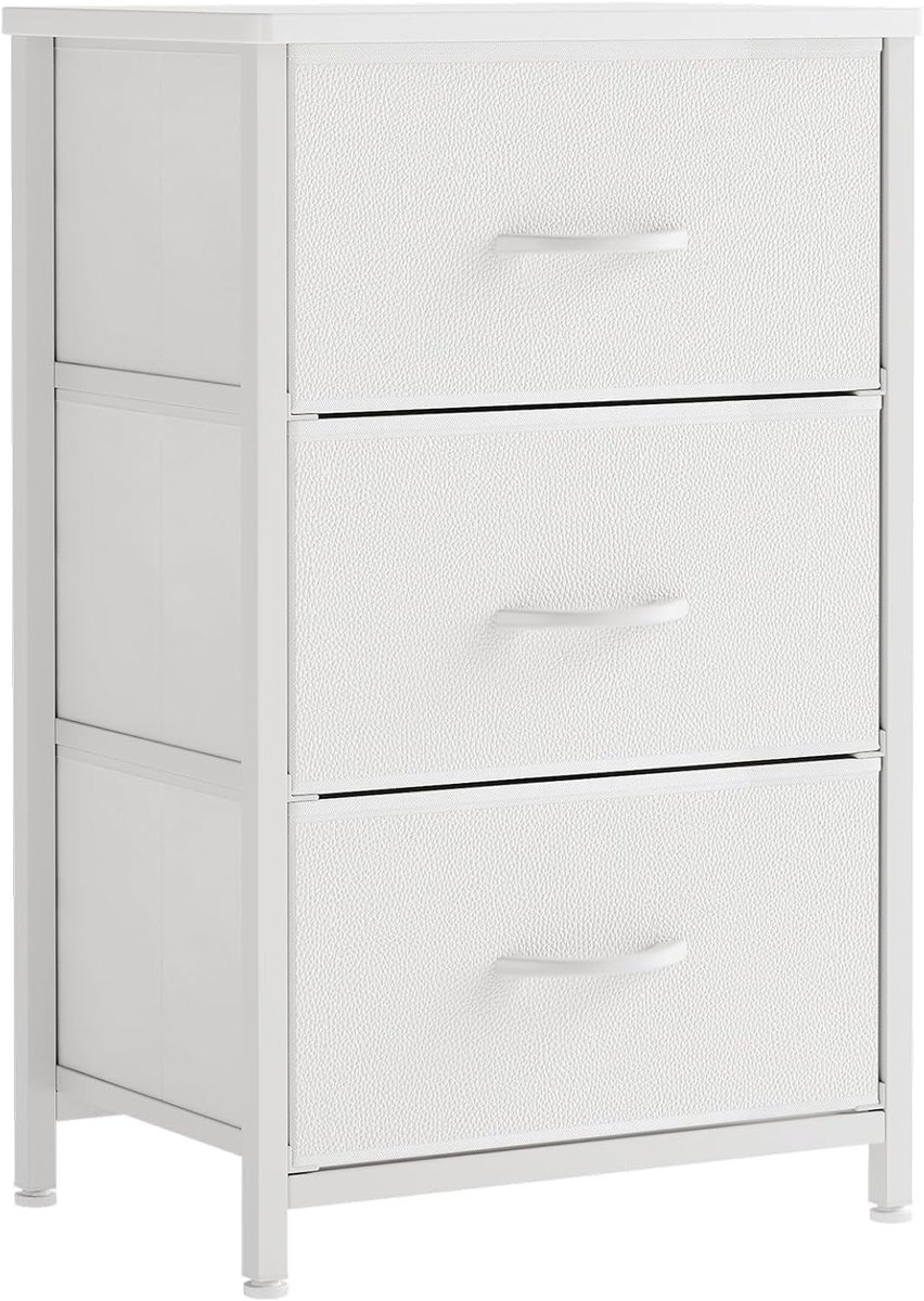 Narrow Bedside Table met 3 Laden, Ruimtebesparende Dresser van Stof en Hout voor Slaapkamer, Woonkamer en Hal, Modern Design in Wit
