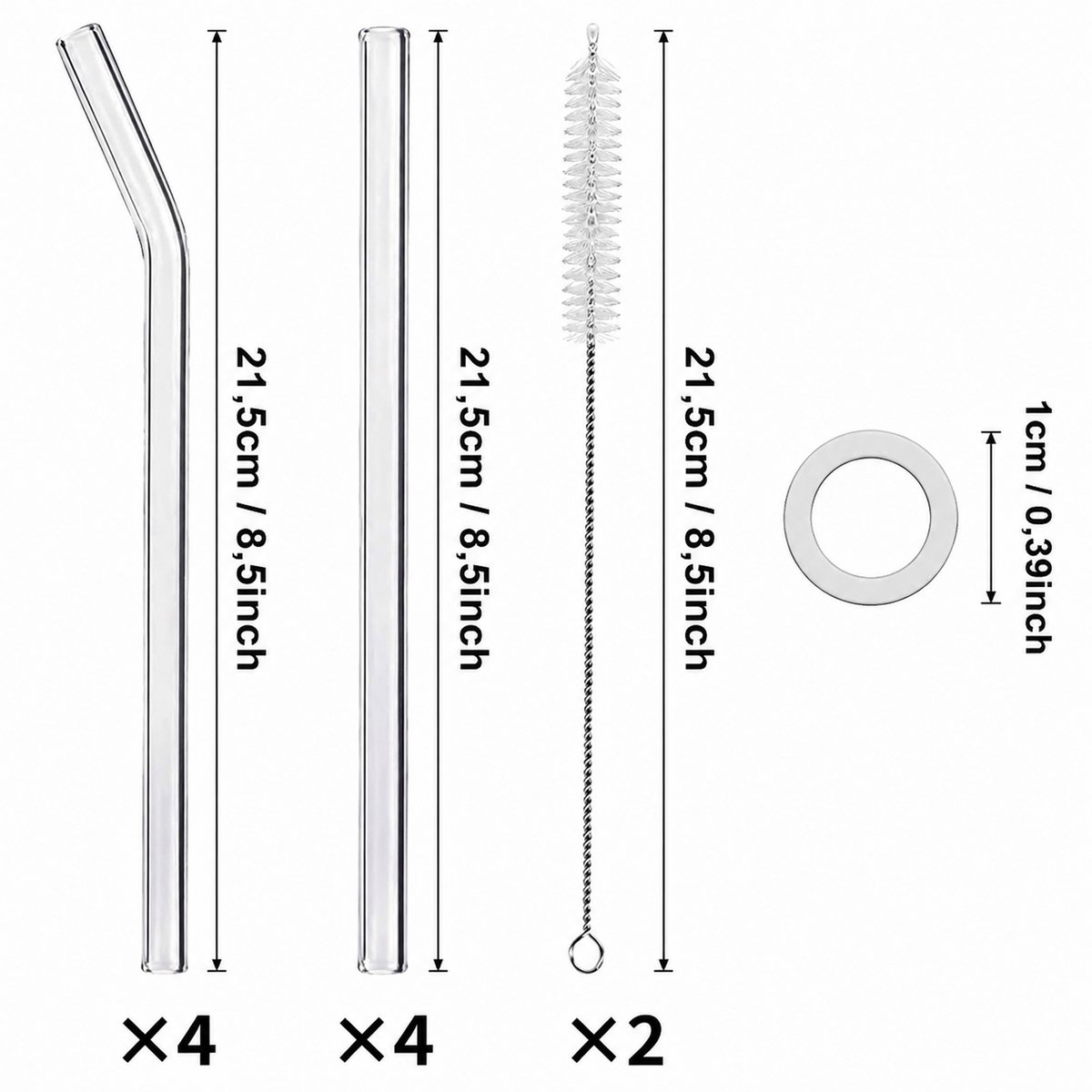 Kaiyaya - set van 12 glazen rietjes - transparant en herbruikbaar - met schoonmaakborstels - 215 mm - voor cocktail, smoothie en feest — cadeau in Koken & Dineren - foto 2