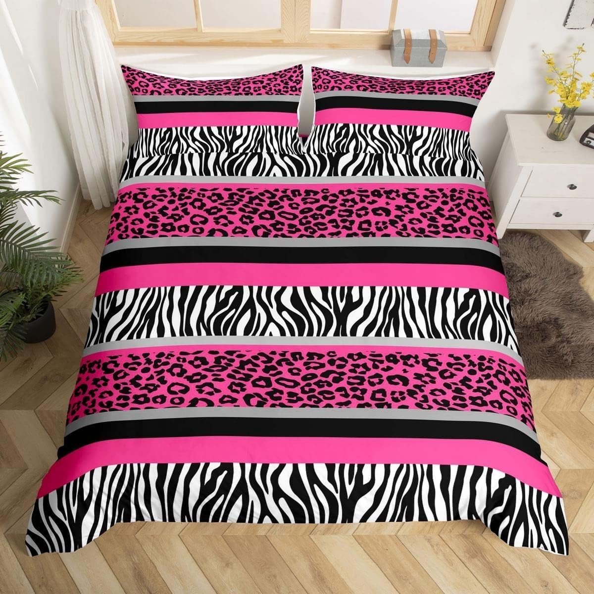 Duvet Cover Set met Zebra- en Luipaardprint voor Kinderen - Roze, Zwart en Wit - Schattige Dierenbedekking voor Jongens en Meisjes, Comforter Set voor een Speelse Slaapkamer