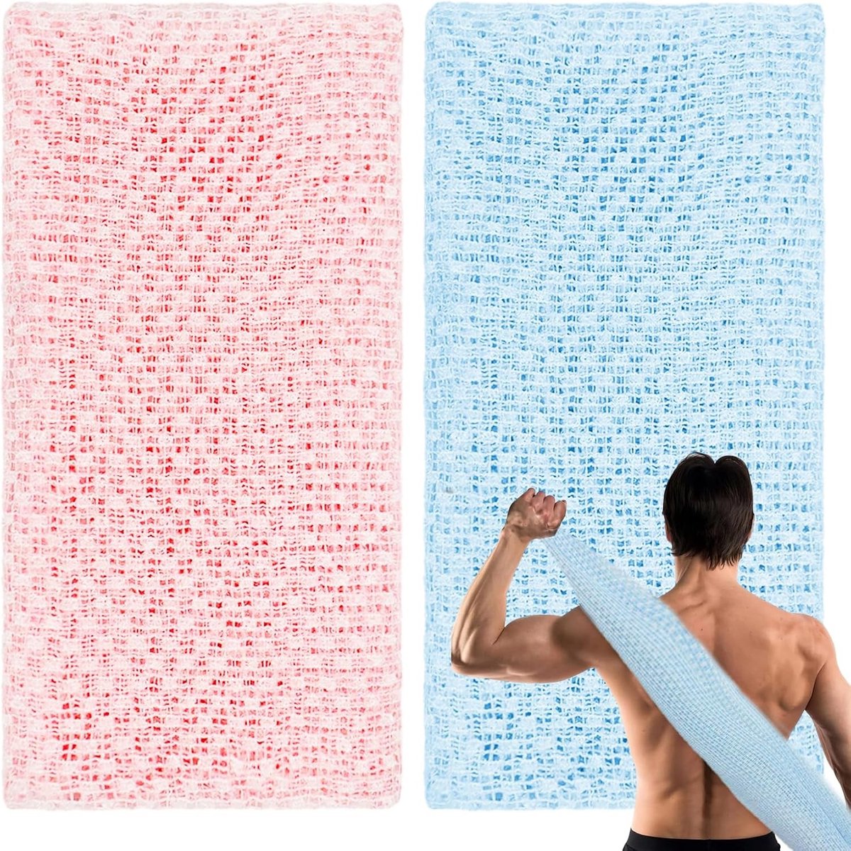 Exfoliërende Handdoek Set van 2 Stuks, Lange Exfoliërende Borstel voor Diepe Reiniging en Lichaamsscrub, Geschikt voor Mannen en Vrouwen (Blauw, Roze)