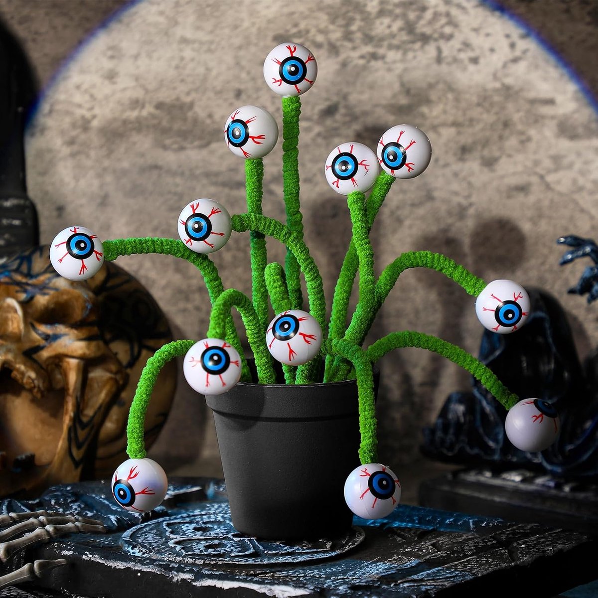 Halloween Decoratie - Halloween Oogbol Takjes - Flexibele Decoratie voor Binnen en Buiten - Zonder de bloempot - 40 cm - Groen - 12 stuks