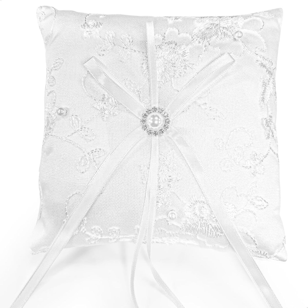 Romantische Ringkussen voor Trouwringen - Decoratieve Witte Ringhouder met Lint voor Bruiloften 15x15cm, Perfect voor Ceremonies en Huwelijksdecoratie