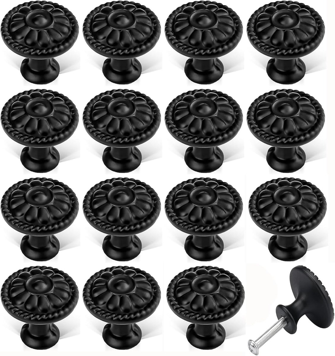 Florale Deurgrepen Set van 16 Stuks - Zwarte Vintage Meubelknoppen voor Keuken en Slaapkamer Decoratie, Retro Rond Design