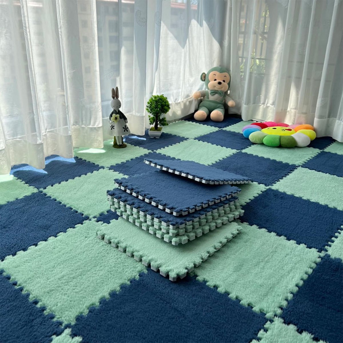 Twee kleurige puzzel vloermatten - Set van 12 - 6 mintgroen en 6 marineblauw