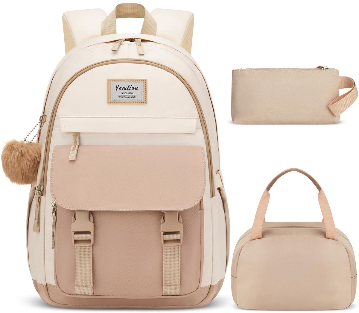 Schoolrugzakset van 3 - Inclusief lunchtas en etui - Khaki-beige