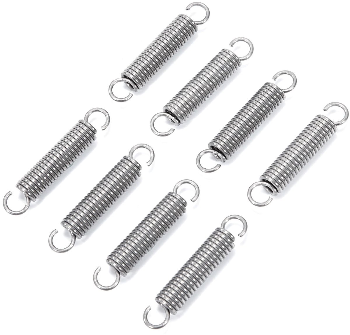 Roestvrijstalen spiraalveren met haak, spanning, 50 mm, buitendiameter 10 mm, treksterkte 7.9 kg, set van 8 voor diverse toepassingen