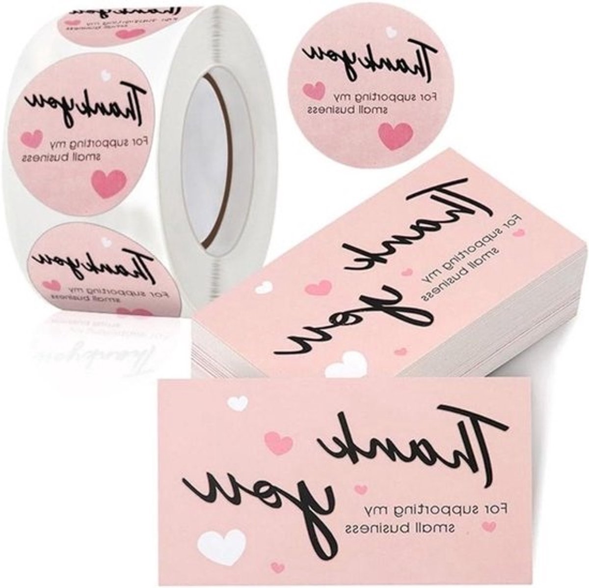 Bedankkaarten en Stickers - Dank u kaarten - Kleine Zaken - Blanco Achterkant - 100 kaarten 500 stickers - Wit