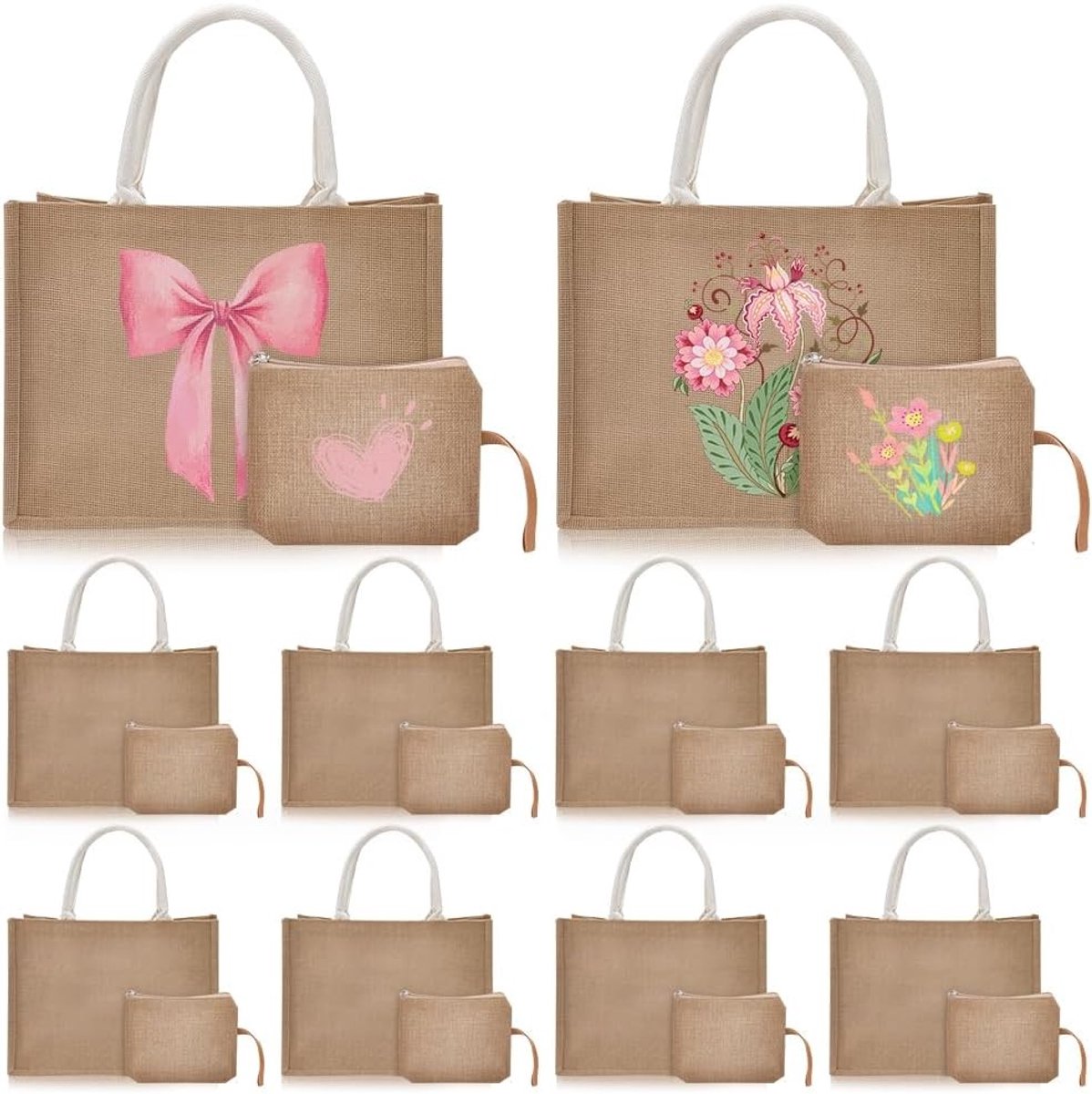Set van 10 Jute Tote Bags met Handvat, 37.5 x 1.8 x 28.2cm, Duurzame Tassen voor Bruidsmeisjes, Cadeautassen en Boodschappen