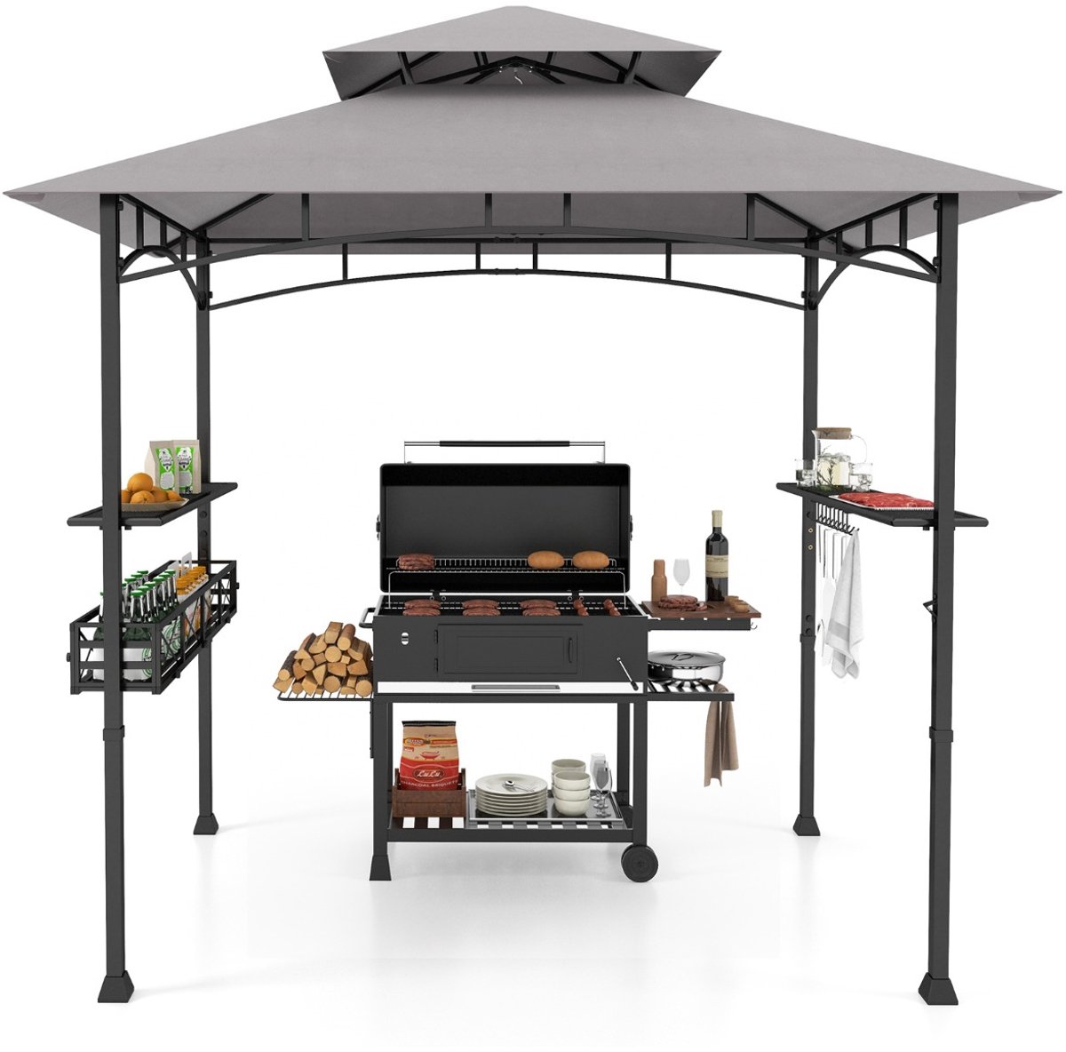 SureDeal® - Barbecue - Grillpaviljoen - Dubbel Dak Zijplanken - Metalen Mand Grilloverkappingen - Tuin Buiten - 242x153x250 cm - Grijs