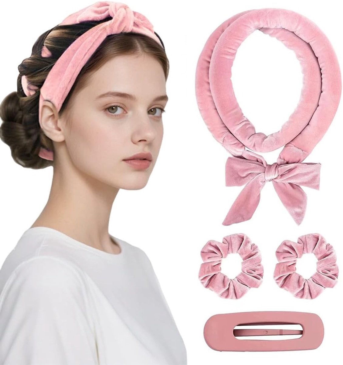 Set van 4 Warmtevrije Haarrollers in Roze - Satin Curlers met Haarband en Haarclips voor Mooie Krullen