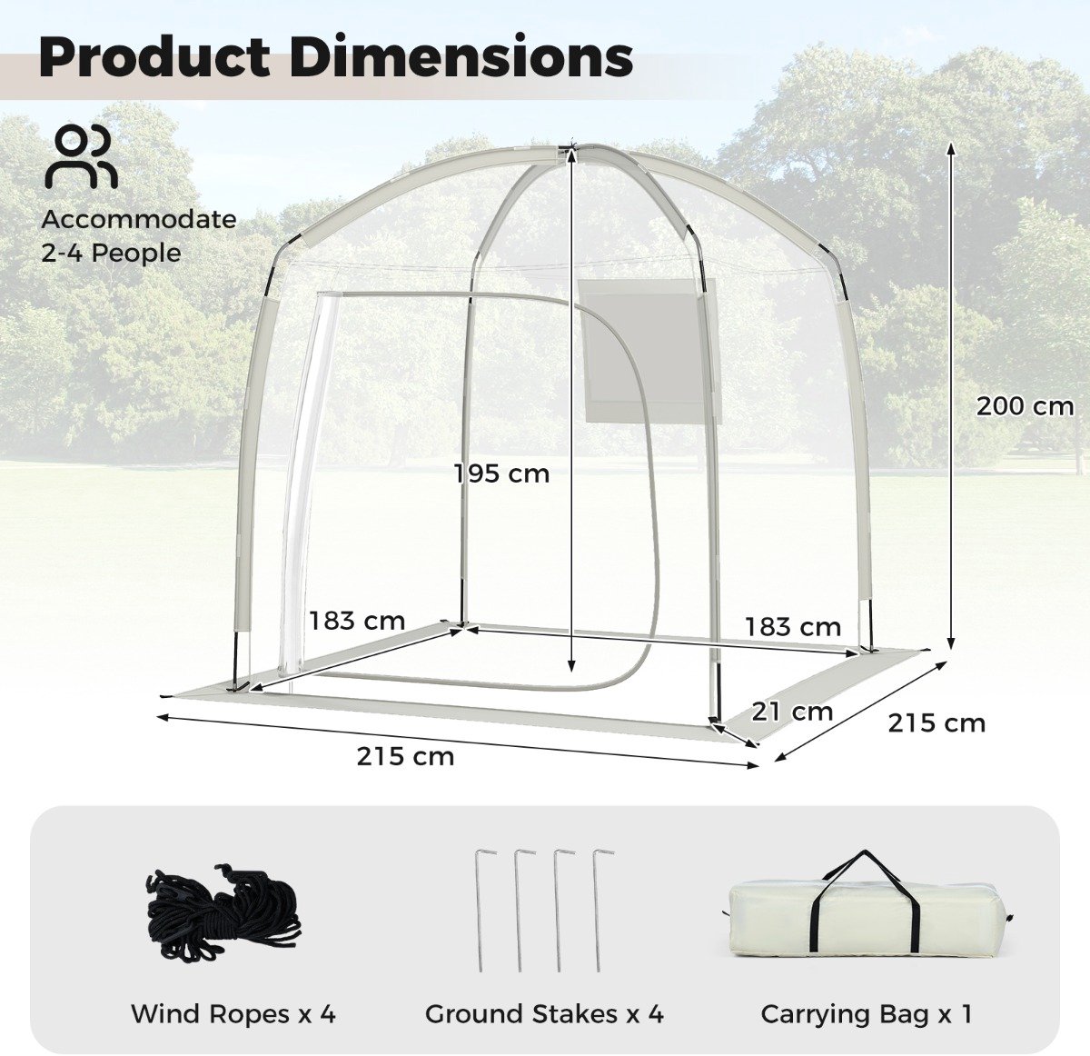 SureDeal® - Kamper - Doorzichtige Koepeltent Weerbestendige - Personen - 215x215x200 cm - Transparant