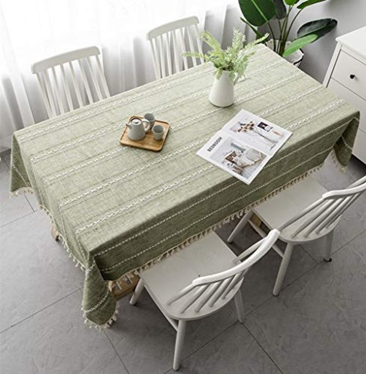Tafellaken van Katoen en Polyester - Groene Gestreepte Hollow - 140x300cm