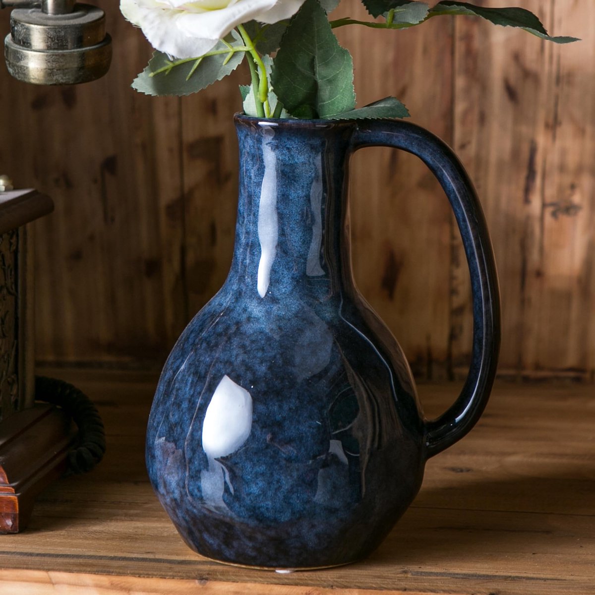 Blauwe Keramische Vaasje met Handvatten - Modern Boerderij Stijl