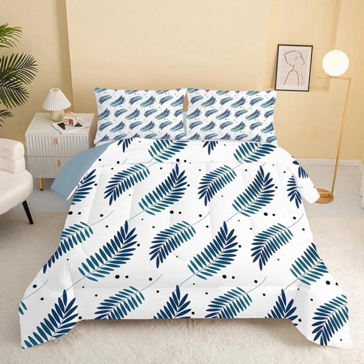 Tropisch Palmblad Dekbed - Omkeerbaar Dekbed - Slaapkamer Decoratie - U-vormig Stiksel - 140x200 cm - Marineblauw Zwart Wit