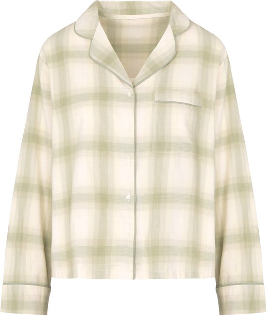 Groen en crème geruit pyjamashirt met knoopsluiting, reverskraag en borstzak.