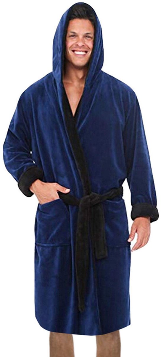 Hooded Sauna Robe voor Mannen - Zachte Flanel Fleece met Zakken - Blauw
