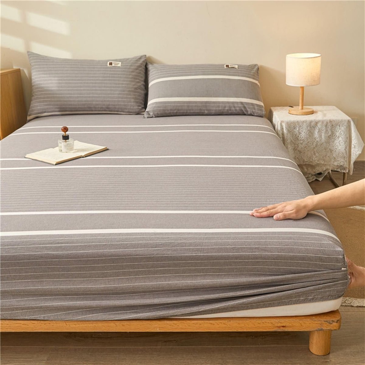 Kingsize Hoeslaken - Grijs met Gestreept Patroon - 90 x 200 cm