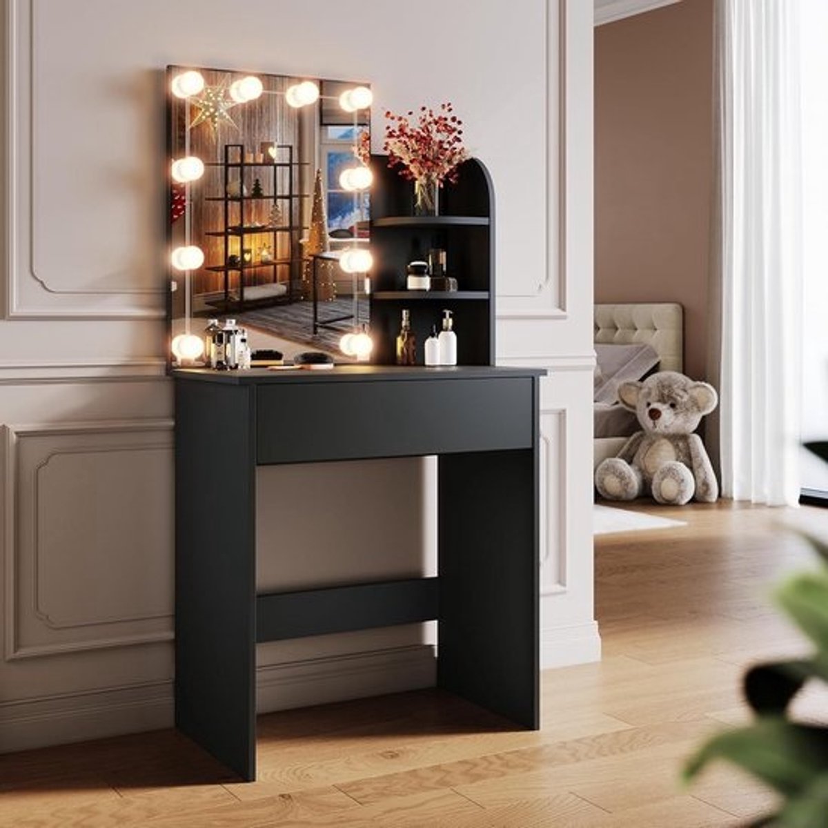 Make Up Tafel met Spiegel - Kaptafel voor Meisjes - Hollywood Spiegel met Verlichting - Meubelset