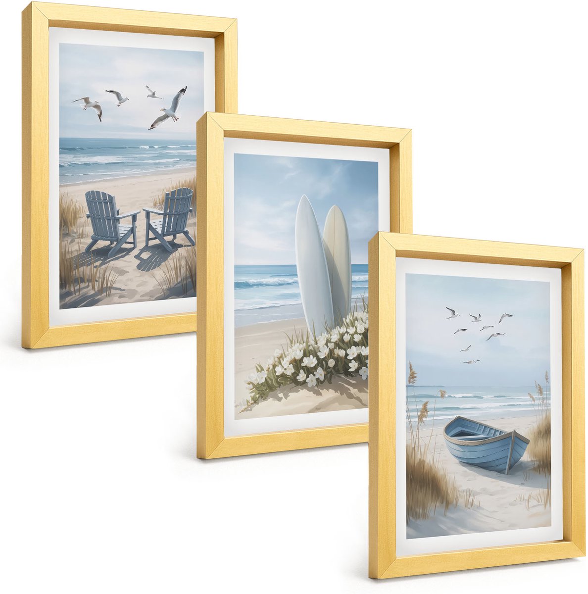 TULUP 4-Delige Schilderij Set - Strand met surfplanken, boten en vogels - 20 x 30 cm - Schilderijen Set - Wanddecoratie - Woonkamer - Woonkamer Decoratie Gouden lijst