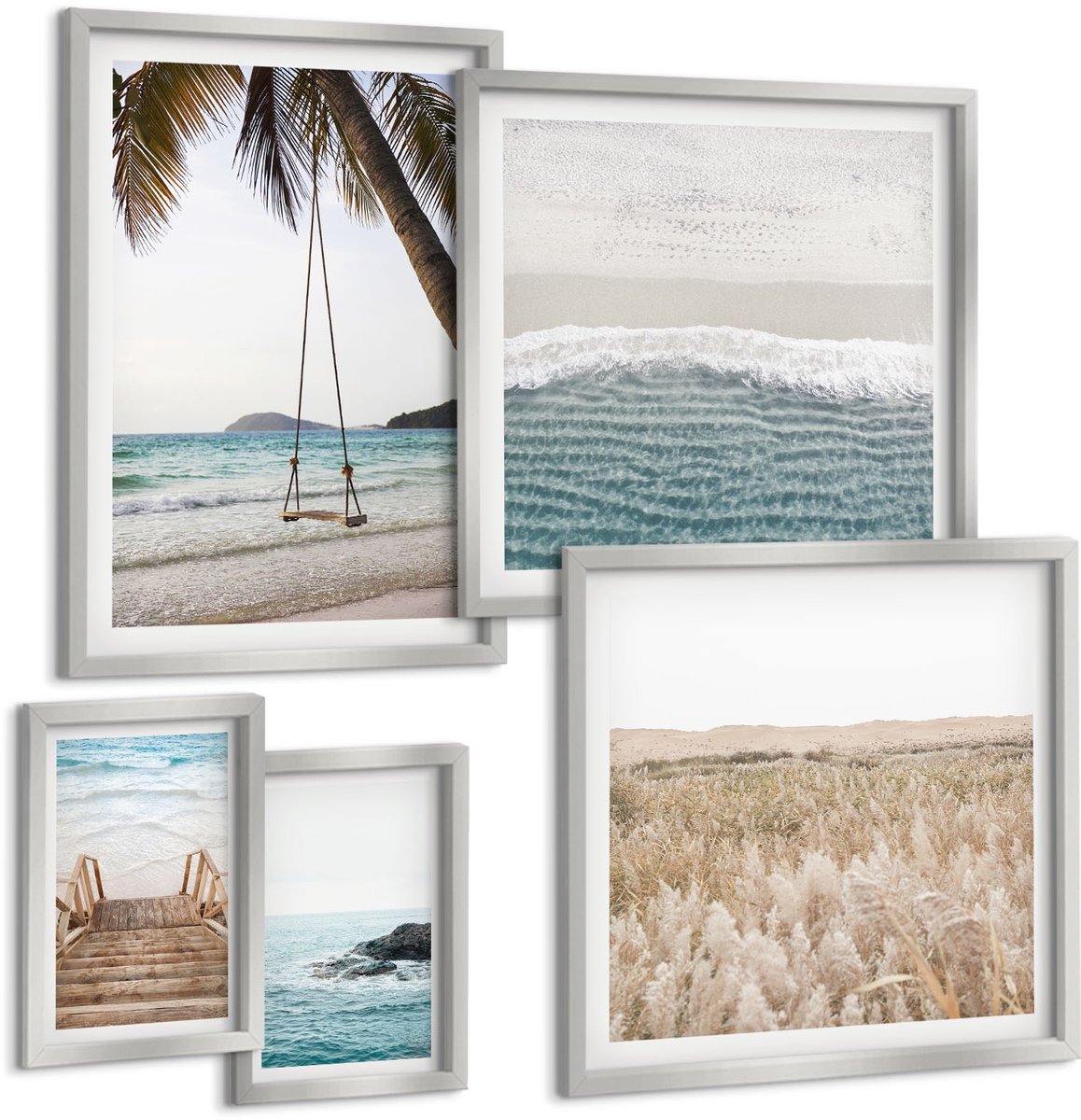 TULUP 4-Delige Schilderij Set - Ontspannend uitzicht op zee met strand en golven - 50 x 50 cm, 20 x 30 cm en 40 x 60 cm - Stijlvolle Muurdecoratie - Kantoor - Woonkamer Decoratie Zilveren lijst