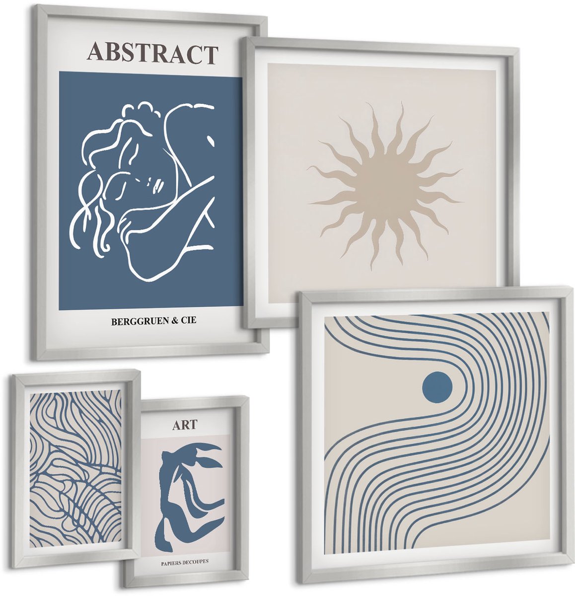 TULUP 4-Delige Schilderij Set - Stijlvolle abstracties met geometrische vormen en lijnen - 50 x 50 cm, 20 x 30 cm en 40 x 60 cm - Muurdecoratie - Wanddecoratie - Slaapkamer Zilveren lijst