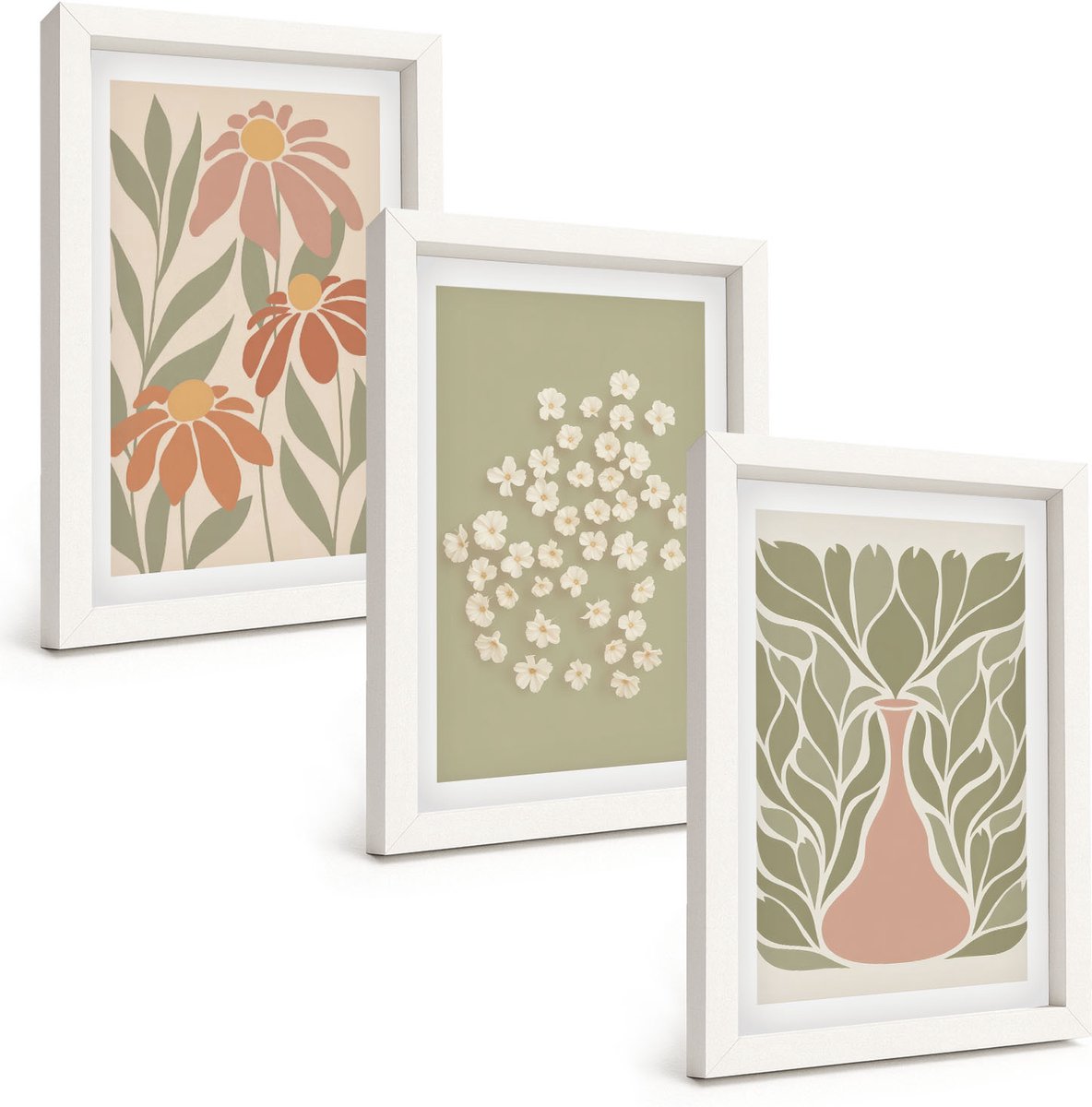 Tulup 3-Delige Schilderij Set - Bloemmotieven, minimalistische patronen, boho-stijl - 20x30 - Wanddecoratie - Muurdecoratie - Moderne Interieurdecoratie