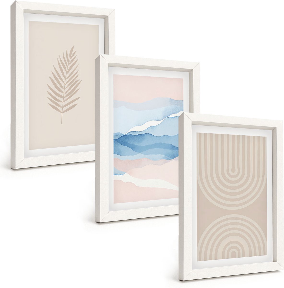 Tulup 3-Delige Schilderij Set - Bladeren en golven in beige en blauwe tinten. - 20x30 - Decoratieve Schilderijen - Woonkamer - Interieur - Wanddecoratie