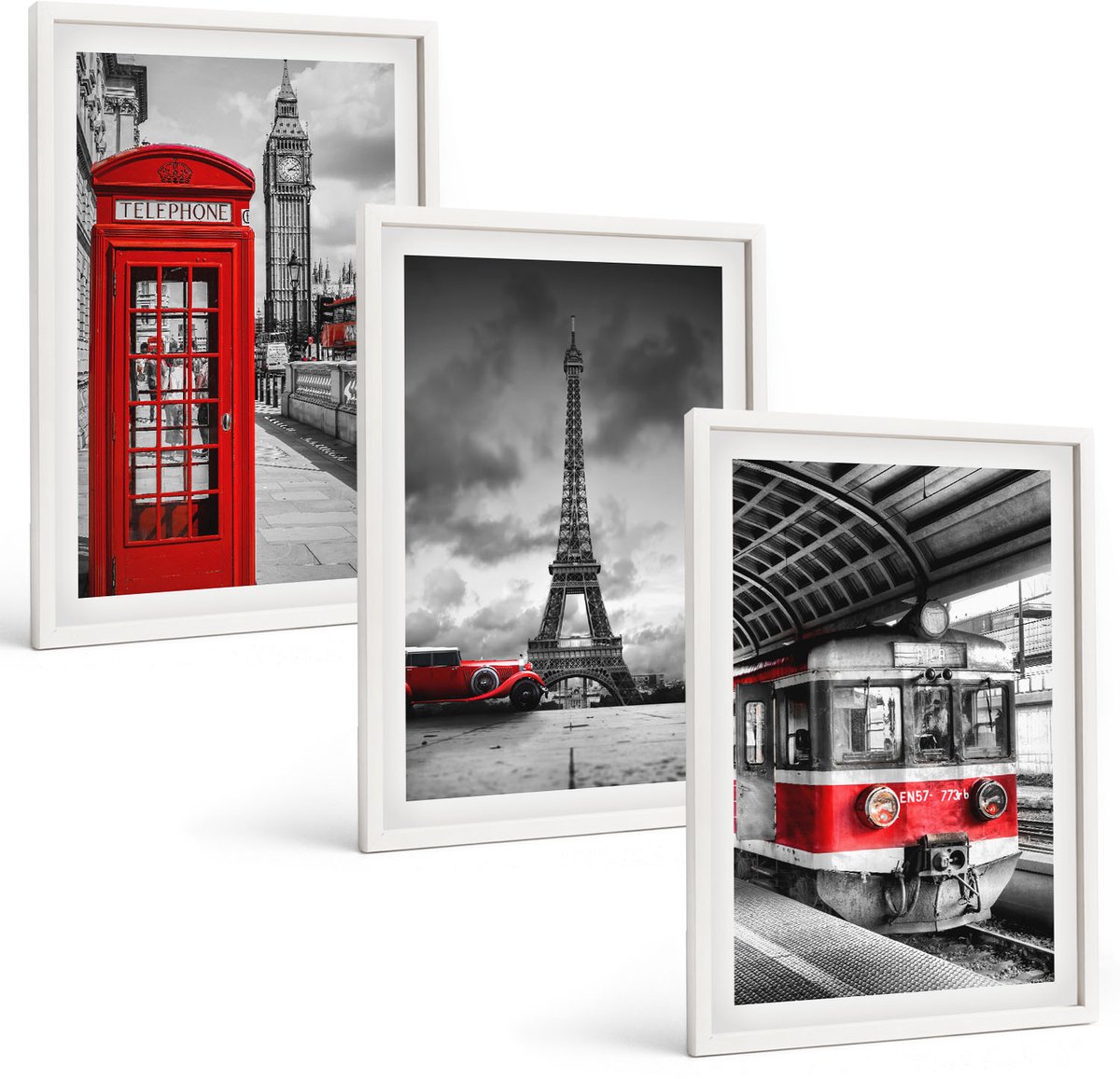Tulup 3-Delige Schilderij Set - Iconische steden: Londen, Parijs en het spoorvervoer - 40x60 - Muurdecoratie - Schilderijen Set - Woonkamer