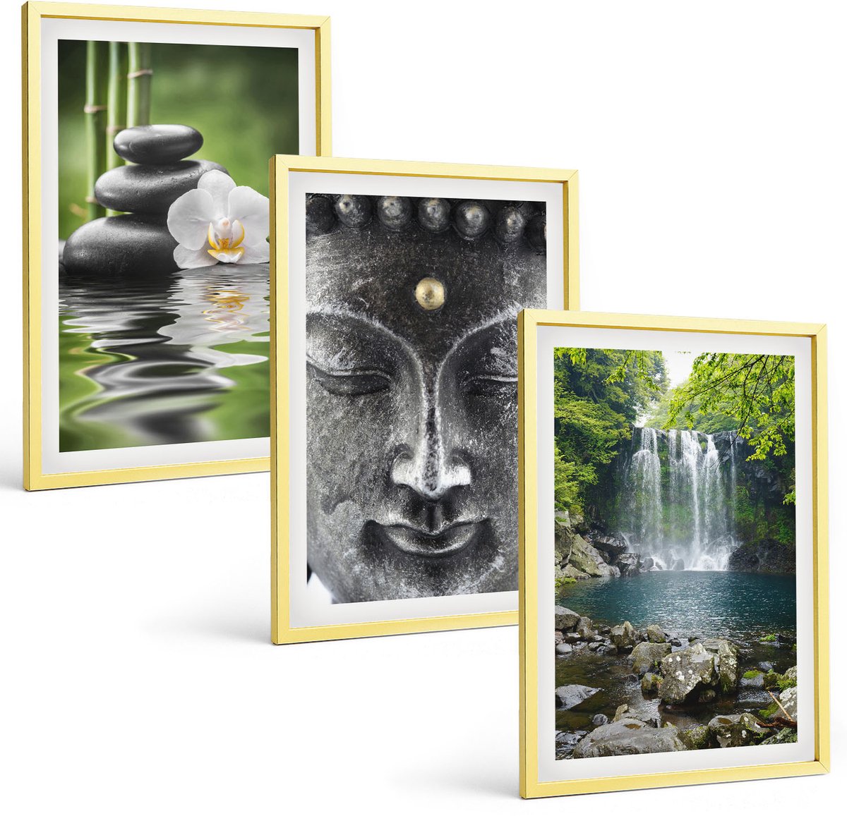 TULUP 4-Delige Schilderij Set - Harmonie van de natuur met stenen, water en Boeddha - 40 x 60 cm - Muurdecoratie - Wanddecoratie - Hal - Moderne Wanddecoratie Gouden lijst