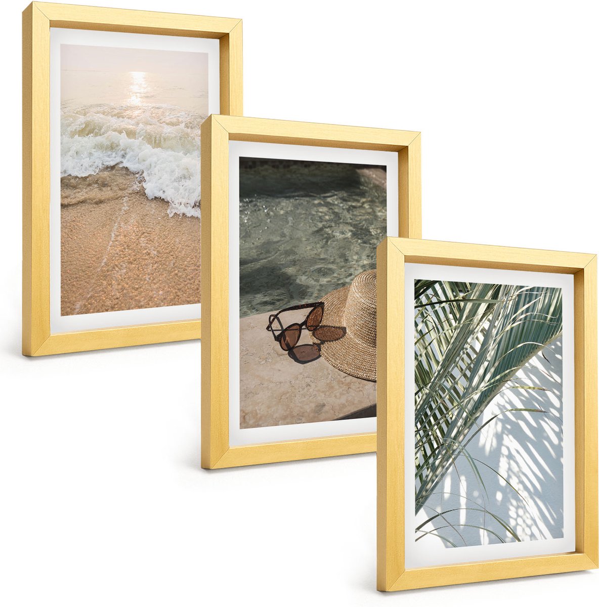 TULUP 4-Delige Schilderij Set - Water Strandhoed en zonnebril Bladeren - 20 x 30 cm - Wanddecoratie - Muurdecoratie - Woonkamer - Moderne Wanddecoratie Gouden lijst