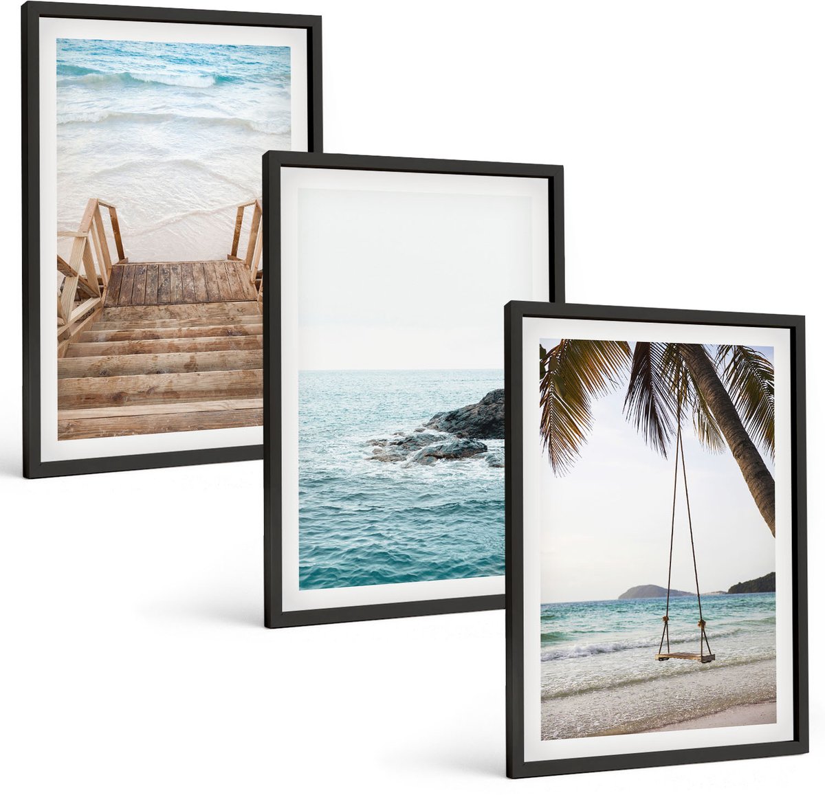 Tulup 4-Delige Schilderij Set - Trap naar het strand, uitzicht op zee en schommel in een palmboom - 40 x 60 cm - Decoratieve Schilderijen - Woonkamer - Interieur