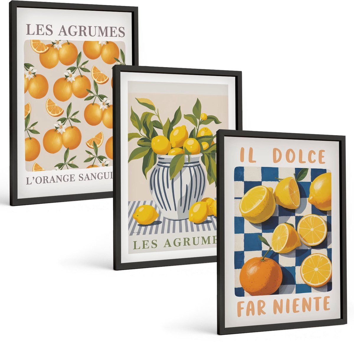 Tulup 4-Delige Schilderij Set - Retro citrusvruchten met gele accenten - 40 x 60 cm - Wanddecoratie - Muurdecoratie - Woonkamer - Interieur Decoratie