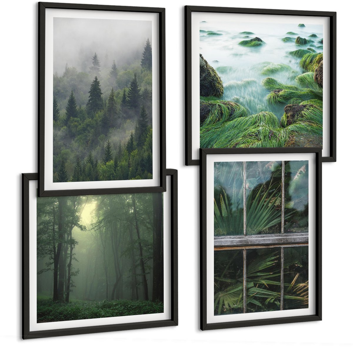 Tulup 4-Delige Schilderij Set - Bos in de mist, rivieroever en kas met planten - 40 x 40 cm en 40 x 60 cm - Muurdecoratie - Schilderijen Set - Woonkamer - Woonkamer Decoratie