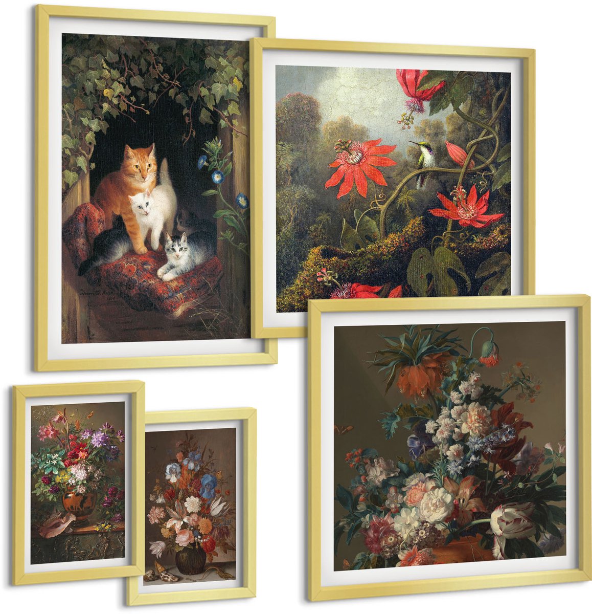 TULUP 5-Delige Schilderij Set - Bloemstukken en schattige vintage katten - 50 x 50 cm, 20 x 30 cm en 40 x 60 cm - Decoratieve Schilderijen - Woonkamer - Interieur - Interieur Decoratie Gouden lijst