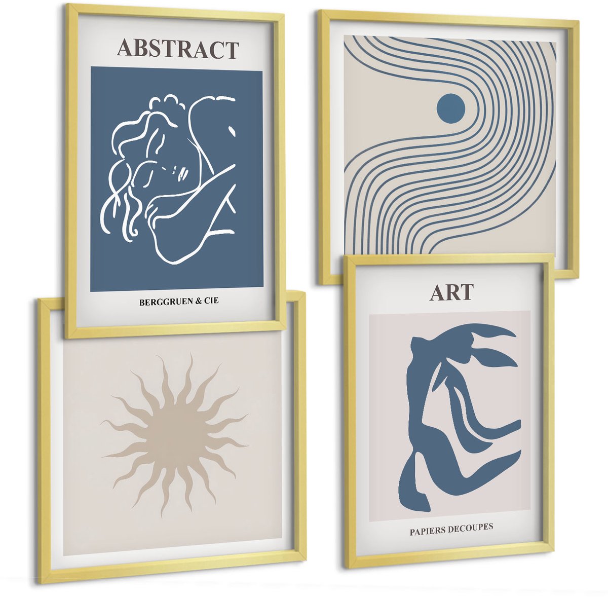 TULUP 4-Delige Schilderij Set - Stijlvolle abstracte patronen met figuren en bloemen van Matisse - 40 x 40 cm en 40 x 60 cm - Wanddecoratie - Schilderijen Set - Kantoor Gouden lijst