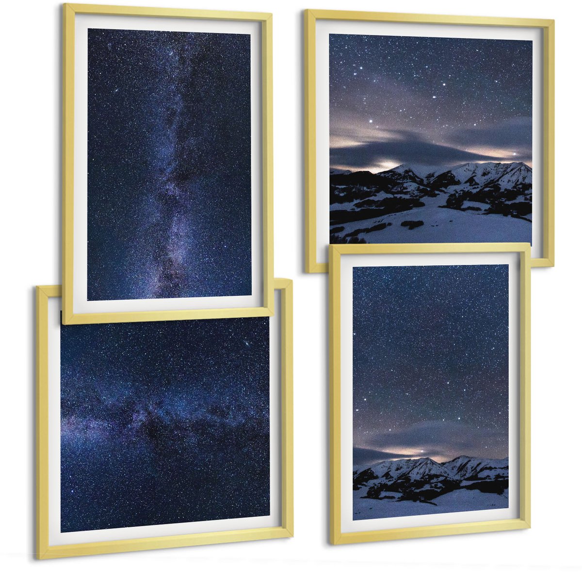 TULUP 4-Delige Schilderij Set - Nachtelijke hemel met sterren en berglandschap - 40 x 40 cm en 40 x 60 cm - Decoratieve Muurdecoratie - Slaapkamer Gouden lijst