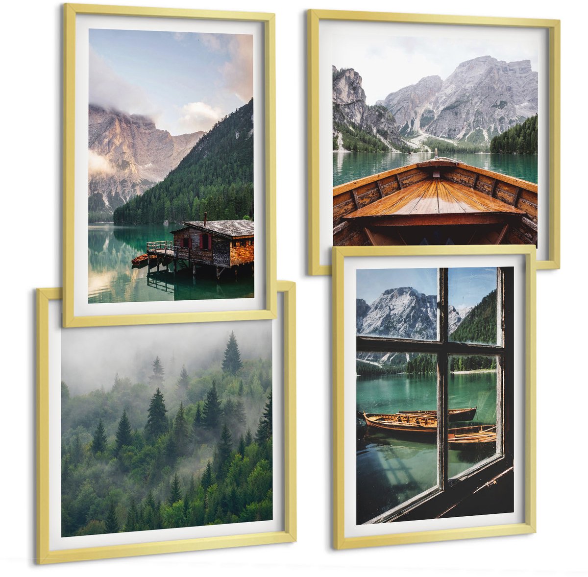 TULUP 4-Delige Schilderij Set - Bergmeer met een boot en houten huisjes - 40 x 40 cm en 40 x 60 cm - Wanddecoratie - Muurdecoratie - Woonkamer - Moderne Wanddecoratie Gouden lijst