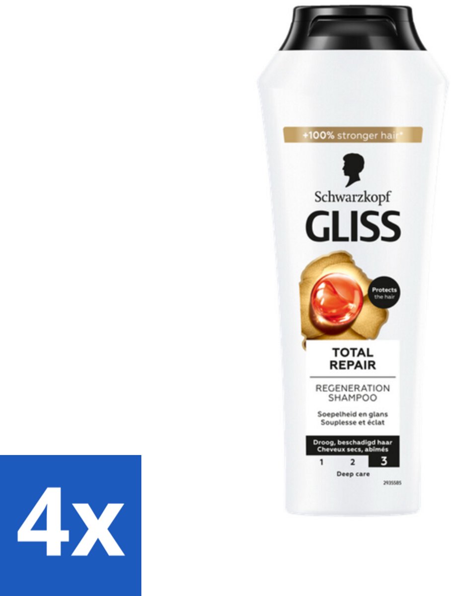 4 x Gliss - Shampoo - Total Repair - Voor Intensief Haarherstel - 250 ml - Haarherstel Shampoo - Droge Haren Shampoo - Beschadigd Haar Shampoo - Keratine Shampoo - Haarversterkende Shampoo
