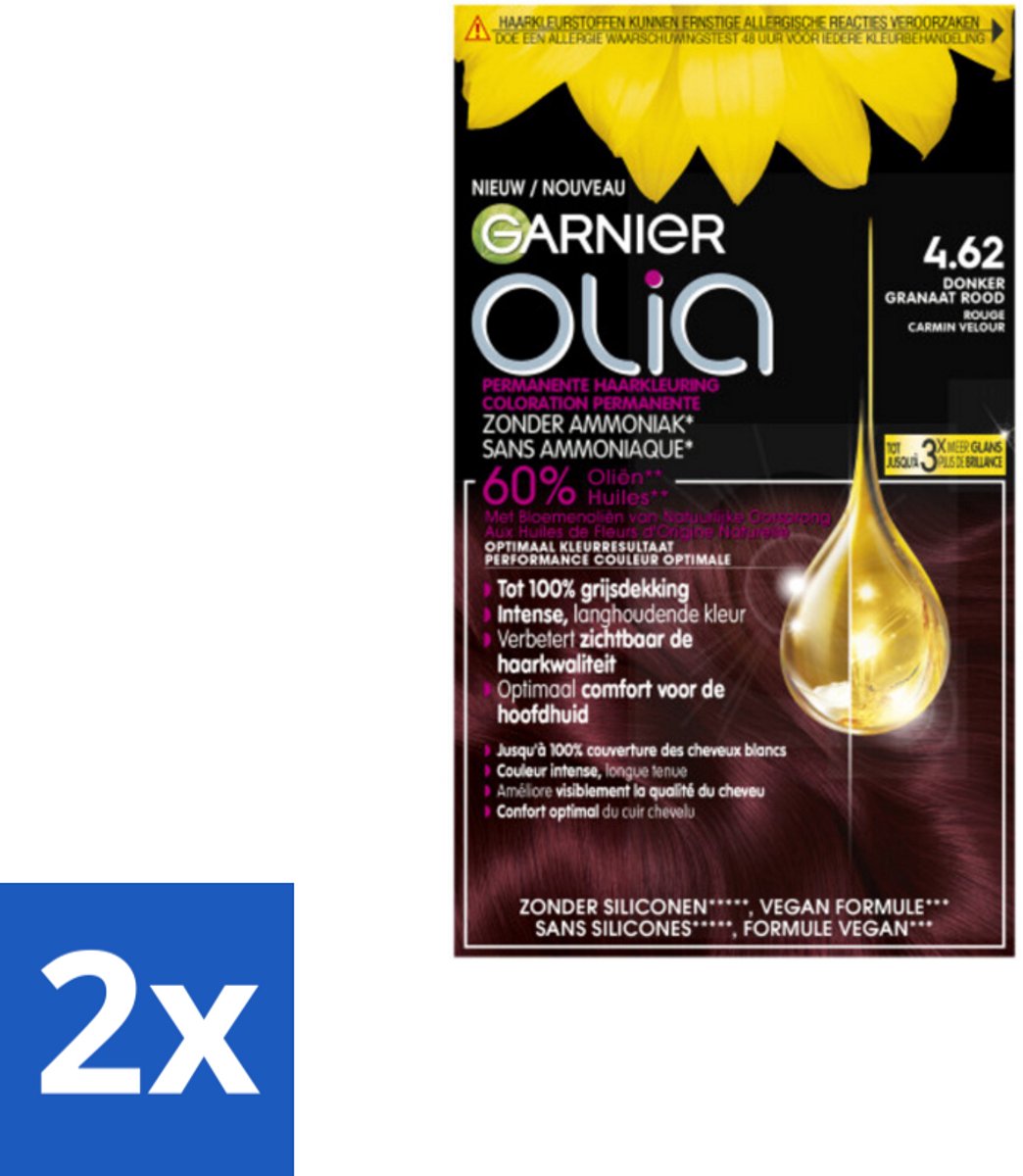 2 x Garnier - Olia 4.62 - Haarkleuring - Donker Granaatrood - Zonder Ammoniak - Permanente Kleur - Permanente Haarkleuring - Haarkleur - Garnier Olia - Donkere Haarkleur - Haarkleuring Zonder Ammoniak