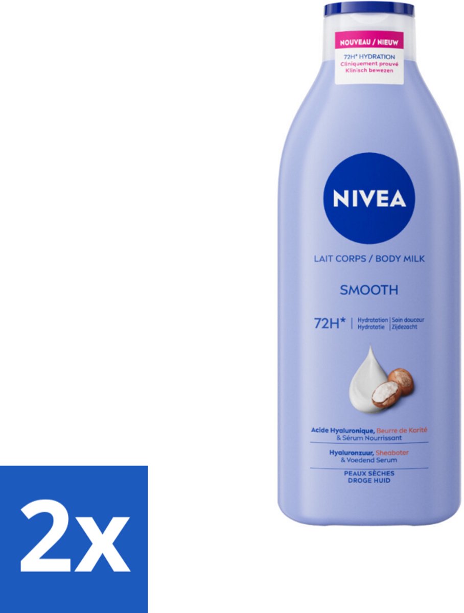 2 x Nivea - Smooth Body Milk - Sheaboter - 72 uur Hydratatie - Voor Droge Huid - 400 ml - NIVEA Bodylotion - Bodymelk Droge Huid - Hydratatie - Sheaboter - Hyaluronzuur