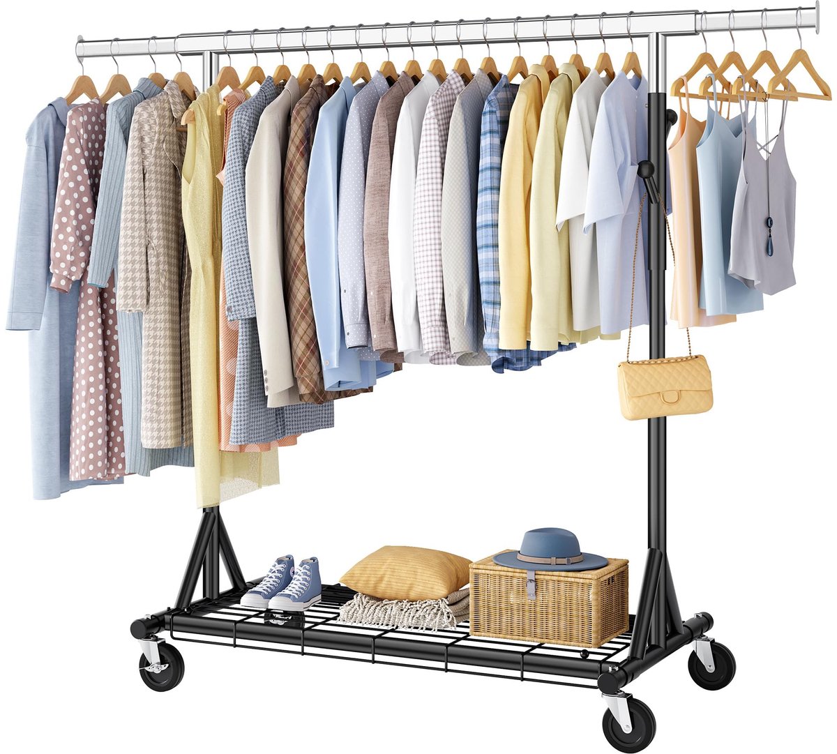 Famanu – Heavy duty kledingrek op wielen, metalen kapstok met een belastbaarheid tot 200 kg, met uittrekbare kledingroede, 50 x (106-176) x 170 cm, zwart