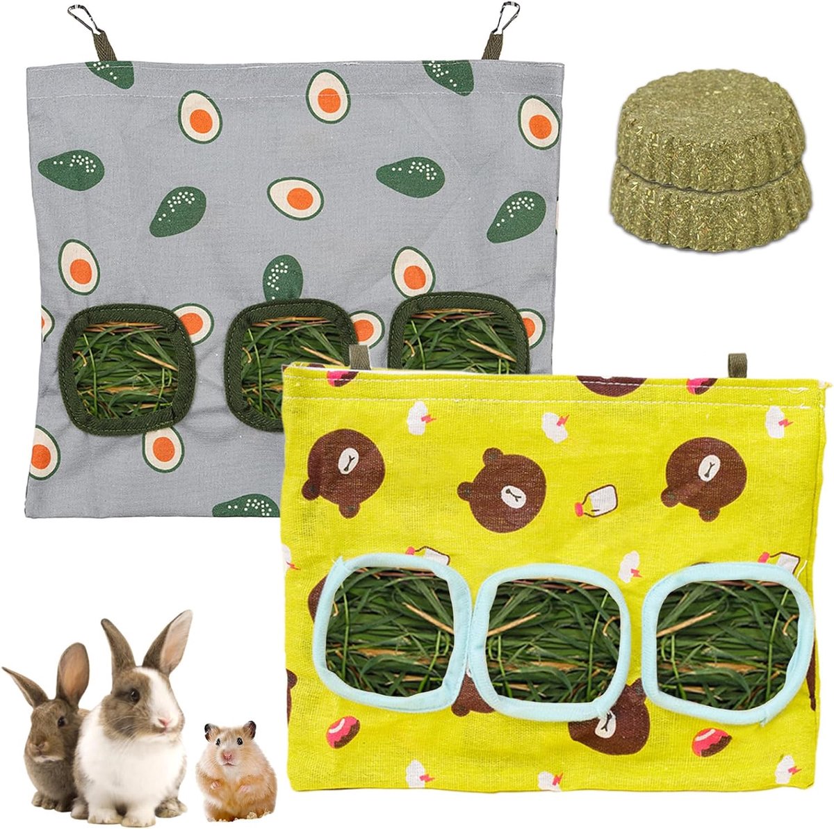 Hooitasje set van 2 - 3 gaten voor kleine dieren - inclusief 2 groene hooi press - ideaal voor knaagdieren - ShopVlot